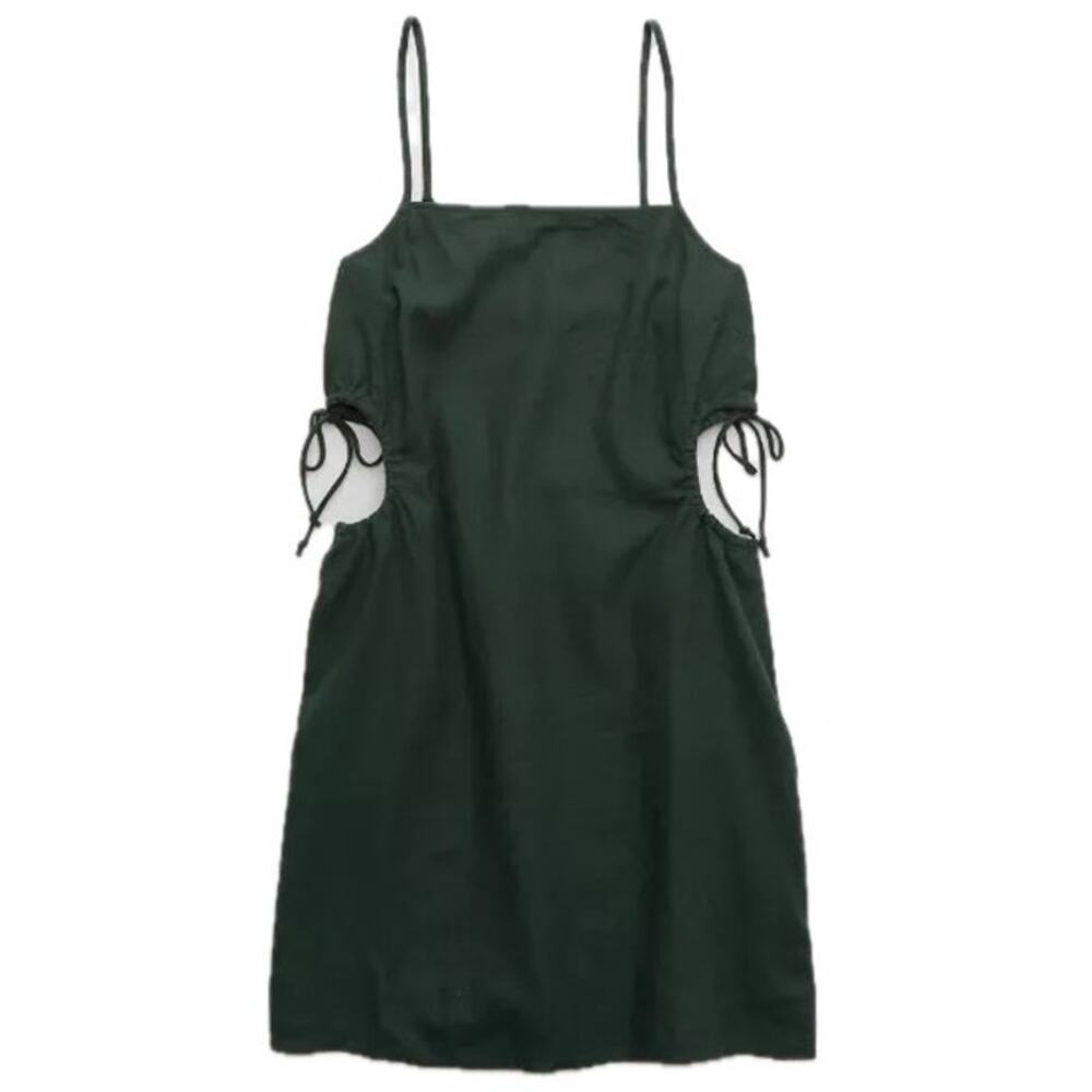 Aerie Natural Linen Blend Sycamore Green Square Neck Side Cut Out Mini Sun Dress - Picture 1 of 14